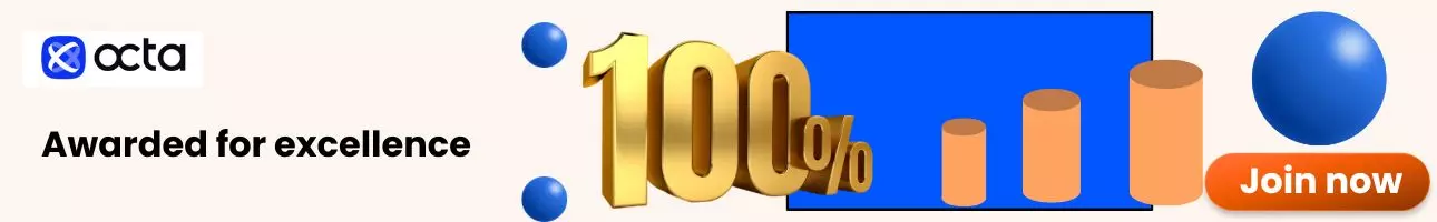 Octa banner image with 3D 100% symbol and Join Now button