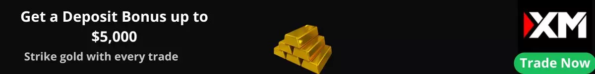 Promotional banner offering a deposit bonus up to $5,000 by XM with gold bars illustration.