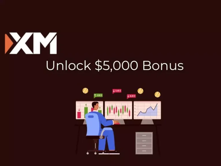 XM broker promotion banner offering $5,000 bonus with trading platform illustration.